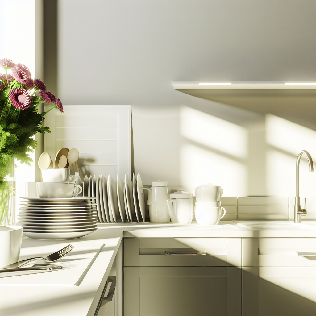 Organized kitchen counter with clean dishes